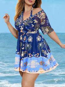 Swim Lushoire Bộ đồ bơi 2 mảnh dành cho nữ cỡ lớn: Váy lưới in họa tiết retro thời trang, kiểu dáng rộng rãi thoải mái, giúp thon gọn vòng bụng, kết hợp với áo tắm bikini cạp cao, cạp trễ vai và quần tam giác. - Màu xanh lam - Xem 5