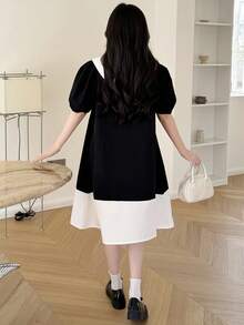 SHEIN Gaun Remaja Perempuan Longgar Lengan Mengembang dengan Kerah Pita, Desain Blok Warna, Kasual & Manis, Musim Semi/Panas - Hitam dan Putih - View 2