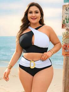 Swim Lushoire Plus Size Black Summer Classy Beach Holiday Swimwear,Solid Color Patchwork Criss-Cross Ruched Crop Top With High Waist Pants Triangle Bottoms Set - Black and White - View 3