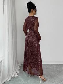 Rafferiza Sequin Embellished Long Sleeve Party Dress - Maroon - View 2