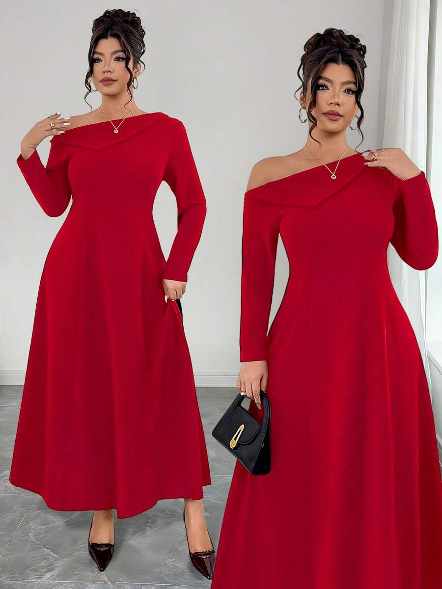 Elenzga Plus Size Red Autumn Elegant Satin Formal Soft Knit Asymmetric Shoulder Asymmetrical Hem Turtleneck Long Sleeve Waist Fit A-Line Dress For Parties - Red - View 1