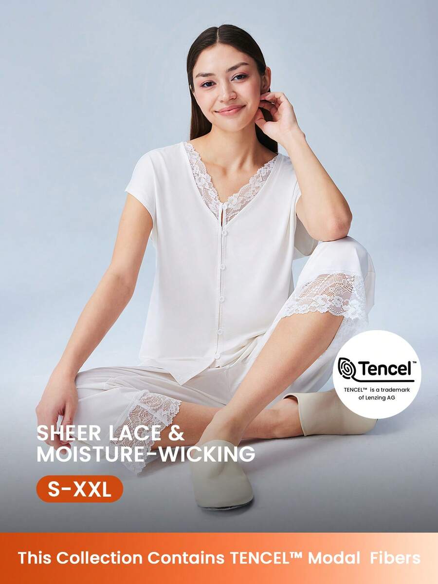 LUVLETTE 夏季超柔软天丝™莫代尔粉色蕾丝拼接纽扣透气女士睡衣套装内衣裤带口袋新娘贴身衣物，春夏七分裤两件套婚礼用品 - 白色 - 查看 1