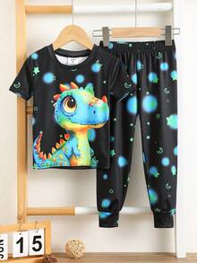 Conjunto de Pijama Casual Minimalista de Manga Curta e Calça com Estampa de Dinossauro e Espaço para Menino Jovem, Adequado para Todas as Estações - Multicolorido - Visão 10
