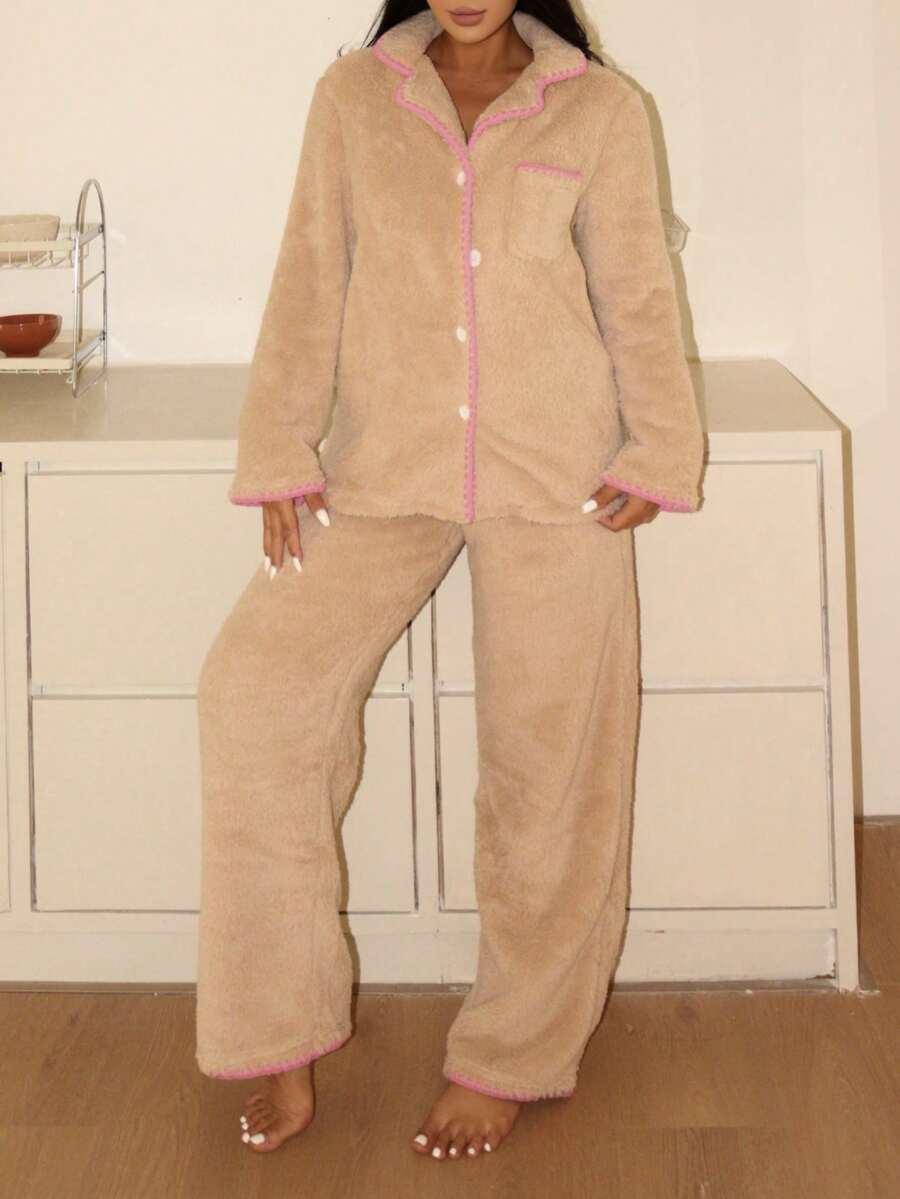 2 piezas Conjunto de pijama de manga larga casual y sencillo con costillas suaves y simples de crema de almendra Lowkey Lull, ropa de dormir minimalista unisex para mujeres - Albaricoque - Ver 1