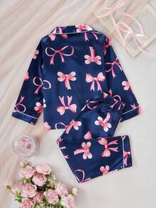 2pcs Girls Young Bow Print Long Sleeve Cardigan And Pants Homewear Set, Spring/Autumn - Royal Blue - View 2