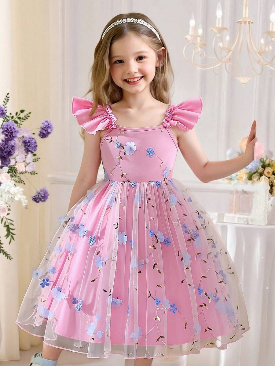 SHEIN Glamorique Kids 少女优雅吊带荷叶边短袖刺绣网纱层叠A字公主裙，适合节日派对、生日礼物、度假、夏季穿着 - 粉色 - 查看 1