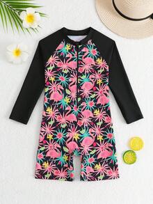 SHEIN 女童火烈鸟印花连体泳衣，带拉链、长袖、防晒，适合海滩穿着 - 彩色 - 查看 3