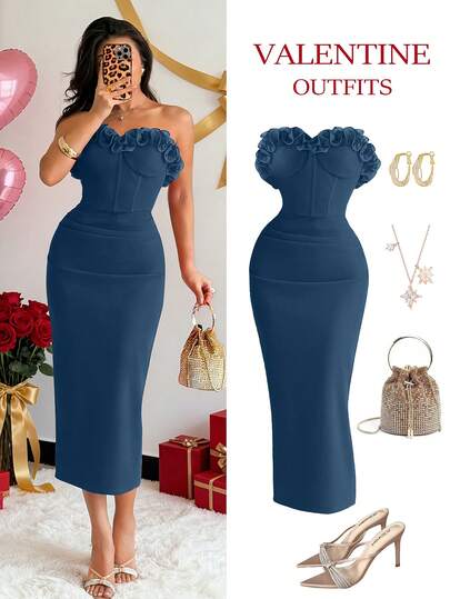 Rafferiza Women's Organza Floral Trim Bustier Waist Pleated Bodycon Dress