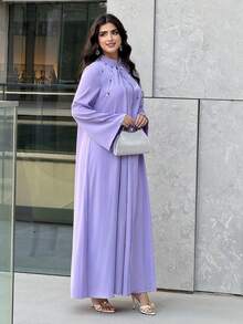 Al Najma 女士彩色水钻装饰立领长袖优雅阿拉伯风格连衣裙 - 紫色 - 查看 5