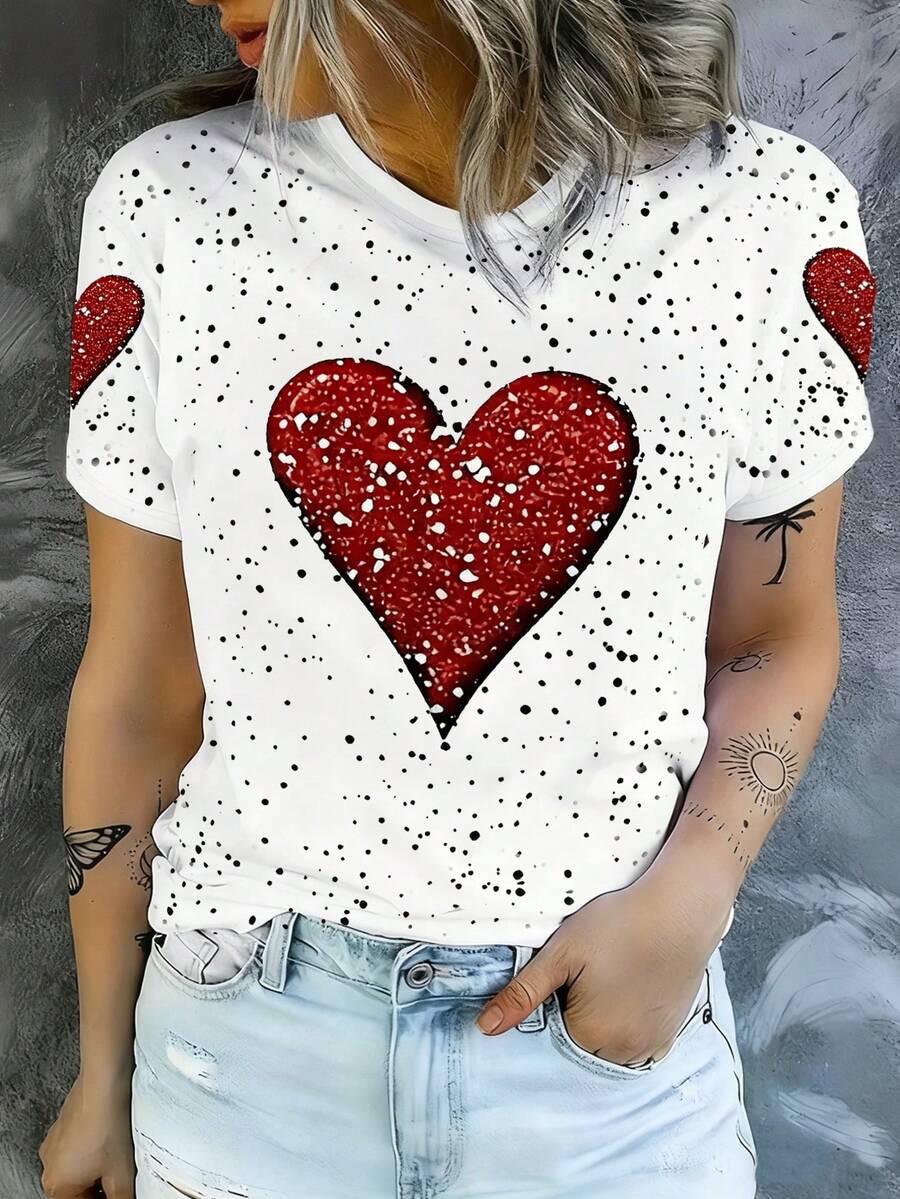 INAWLY 女士爱心印花短袖休闲百搭圆领T恤 - 彩色 - 查看 1