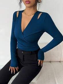 Modelyn Women's Solid Color Cutout Shoulder Long Sleeve Ruched Fitted Fashion T-Shirt Dark Blue Top Office Siren Blue Top Women Office - Black - View 6