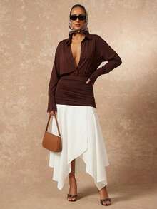 Lumalex Vestido de mujer de manga larga con cuello y bloque de color elegante - Marrón - Ver 13
