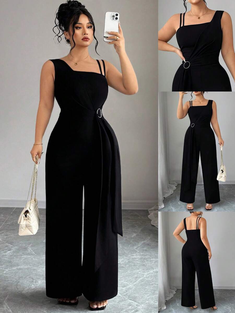 Elenzga Plus Size Women Elastic Knit Jumpsuit Pants, Metal Buckle, Asymmetric Design - Black - View 1