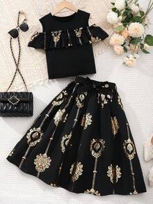 Tween Girls Elegant Patterned Dress - Black - View 3