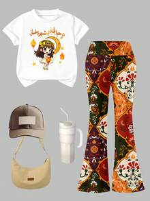 2pcs/Set Tween Girls Middle Eastern Star & Moon Golden Traditional Cute Moon Print Short Sleeve T-Shirt And Flare Pants Set, Fashionable Casual, Suitable For Spring/Summer - Multicolor - View 2