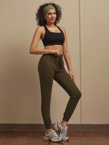 SHEIN Cheerettes 柔软纯色弹力腰带抽绳口袋休闲舒适透气运动裤 - 軍綠色 - 查看 7