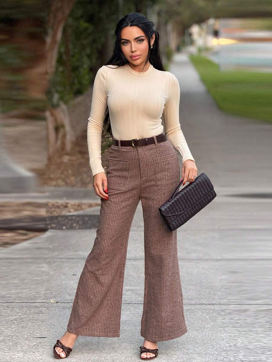 Durrani Popal 女式格子双口袋休闲皮带复古裤 - 彩色 - 查看 1