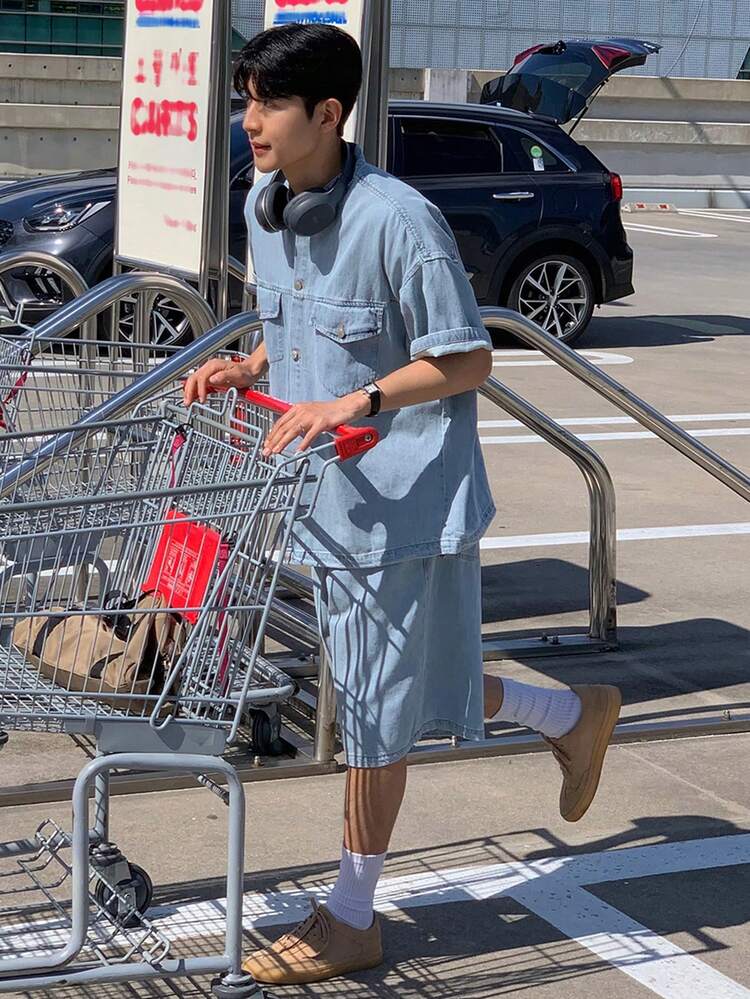 Summer Solid Color Short Sleeve Shirt Paired With Distressed Denim Shorts Men's Denim Suit