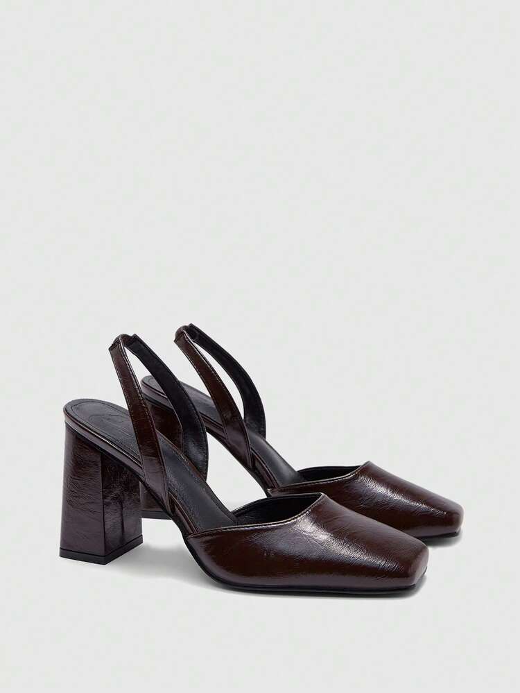 CUCCOO BIZCHIC Women's Square Toe Chunky Heel PU Leather Slip-On Shoes, Fashionable Minimalist Comfortable For Daily, Party, Banquet Valentine's Day