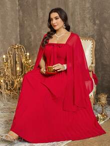 EMERY ROSE Plus Size Women's Elegant Solid Color 2-Piece Set, Chiffon Shawl Collar Lightweight Mid-Length Pleated Hem Dress & Cover Up Set, Suitable For Parties And Romantic Dates - Pink - View 1