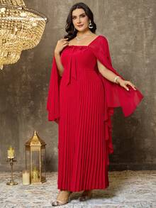 EMERY ROSE Plus Size Women's Elegant Solid Color 2-Piece Set, Chiffon Shawl Collar Lightweight Mid-Length Pleated Hem Dress & Cover Up Set, Suitable For Parties And Romantic Dates - Pink - View 7