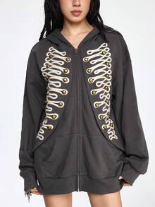 Grunge Punk SpringVintage Napoleon Style Embroidered Metal Button Hooded Sweatshirt Jacket - Dark Grey - View 6