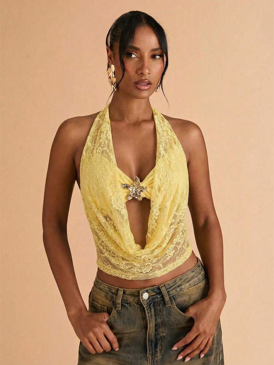 SHEIN BAE Women's Vacation Casual Sexy Plunging Neck Backless Lace Blouse - Yellow - View 1