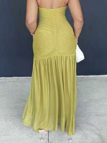 Alexandranx Ruched Front Drop Hem Dress Vacation Spring Spring Summer Occasion Wedding Deep V Cute Sexy Elegant Vacation Beach Holiday Ibiza Fall Night Out Wedding Guest, Elegant, Birthday, Church, Night Out Christmas - Olive Green - View 2