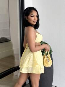 Alexandranx 女式性感简约纯色交叉露背多层下摆吊带背心迷你连衣裙，夏季 - 黃色 - 查看 4