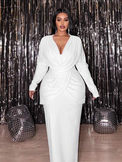 Veslaya 2026 Vår/Höst Ny Elegant Sexig Fest, Dejt, Sammankomst, Födelsedag, Bröllop, Examen, Bal, Musikfestival, Flickvänsfest, Dejtkvällsklänning. Åtsittande Enfärgad Vit, Djupt Draperad Halsringning, Volangkrage Skarv, Midja Korsad Plisserad Skarv, Långärmad, Bodysuit Maxiklänning, Transparent Mesh Skarv Elastisk Stickad Skarv, Plus Size Dam Långklänning - Z