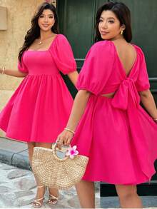 Ceyna 大码露背系带休闲派对连衣裙，春夏女装连衣裙，女士夏季连衣裙，两件套连衣裙，惊艳连衣裙，带袖夏季连衣裙，度假装，女士度假连衣裙，女士连衣裙，亮粉色短款连衣裙，蝴蝶结连衣裙，女士最新款连衣裙 - 玫紅色 - 查看 6