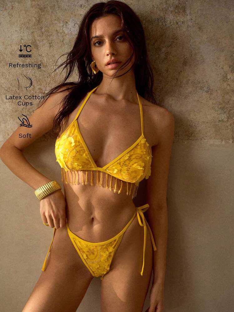 SEQUIN, BEADED & TASSEL DECOR BOHEMIAN BIKINI SWIMSUIT SET