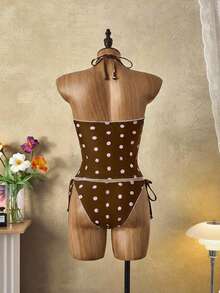 Bellisia Vintage Black & White Polka Dot Ruffled Triangle Cup Bikini Set - Multicolor - View 2