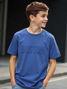 Camiseta de manga corta con patrón de letras 3D sencillo, estilo informal para niño preadolescente, adecuada para el verano, mezcla de algodón apta para uso diario, escuela, viajes, deportes y primavera-verano - Azul - Ver 7