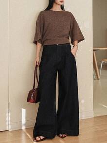 DAZY 女士纯色圆领宽松休闲百搭T恤 - 棕色 - 查看 4