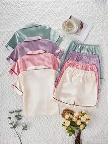 Tween Girls Pajamas-2 Pieces Pajama Set Satin Piped Trim Long Sleeve Button Front Pajama Top And Elastic Waist Long Pants Pastel Pink Lavender Mint Cream Nightwear Loungewear All Season 2026 Holiday Gift Classic Chic Comfortable Essential