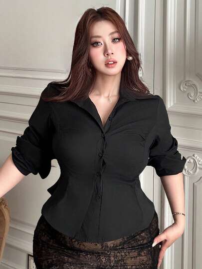 Dazy Plus 大码女式弹力修身高领短款长袖黑色上衣，春夏款