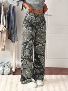 SHEIN Tall Quần jeans ống đứng cạp cao in họa tiết lá phong rằn ri, đã qua xử lý giặt, màu bạc. - Nhiều màu - Xem 5