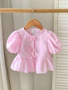 SHEIN Baby Girl Cute Versatile Summer Pink Plaid Bow Tie Short Sleeve Top - Pink - View 6
