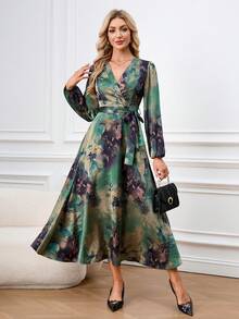 Ellevyn Women's Elegant Green Floral Print V-Neck Lantern Sleeve Wrap Dress,Autumn Long-Sleeved Fitted Waist Silk Acetate Robe For Party,Tea Party & Weddings - Dark Green - View 8