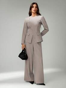 SHEIN Tall Women's Elegant Commuting Daily Versatile Street Fashion New Asymmetric Lapel Button Waist Long Sleeve Blazer And High Waist Long Pants Khaki Gray 2 Pieces Suit Set