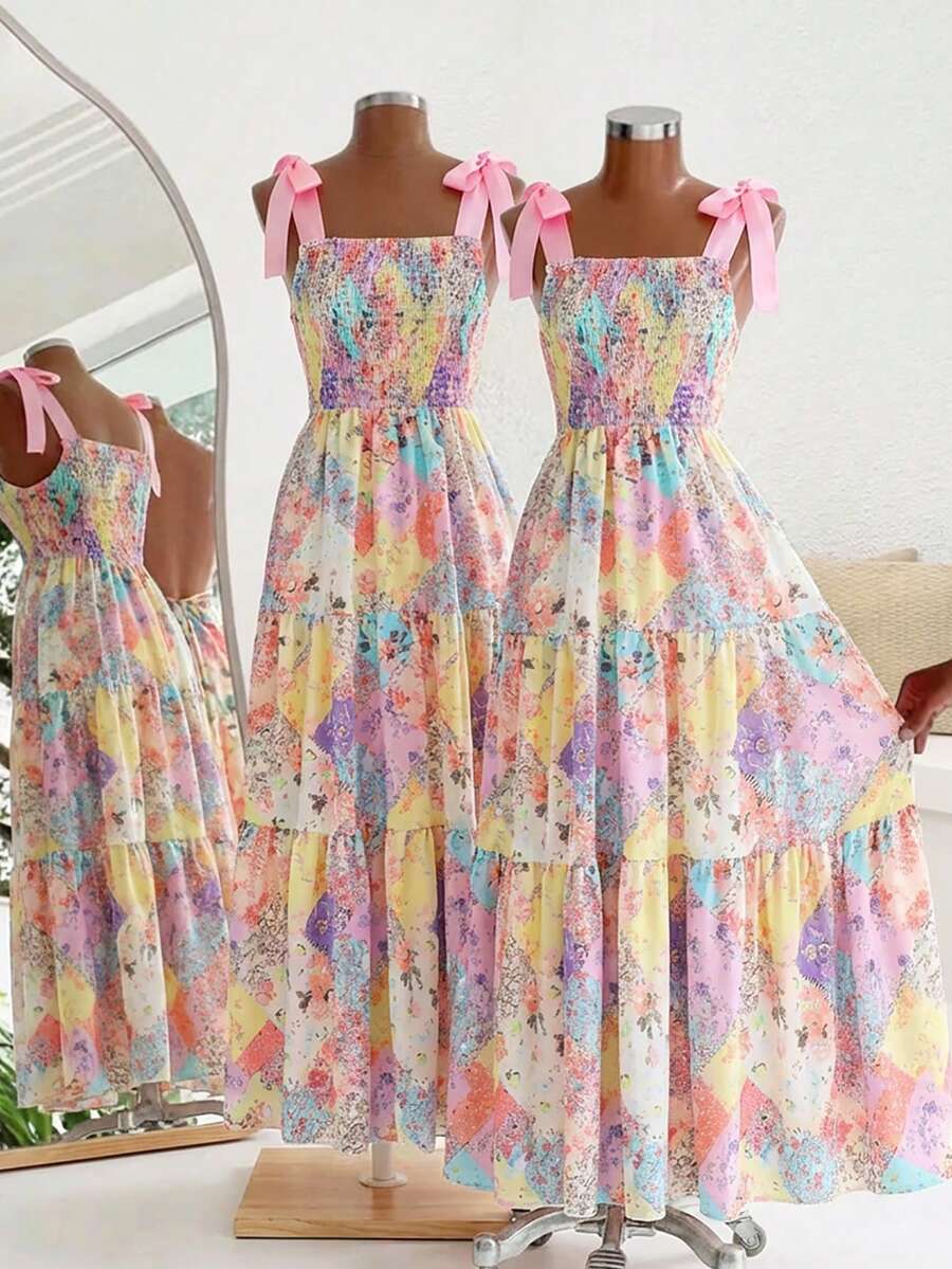 少女休闲优雅度假碎花吊带长裙,方领蝴蝶结装饰,可爱设计,适合外出、度假、上学、日常穿着,春夏秋季皆宜。 - 彩色 - 查看 1