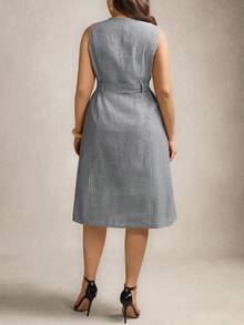 Zelara 大码女式条纹方领单排扣无袖中长连衣裙 - 藏蓝色 - 查看 3