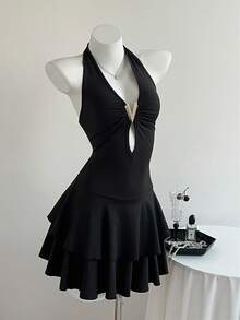 Elamini 女士黑色深V领露背荷叶边迷你连衣裙，性感度假风，派对装扮 - 黑色 - 查看 3