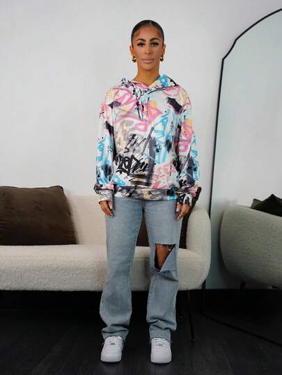 SAYEHFBABY Casual Street Graffiti Y2K Colorful Letter Print Loose Fit Long Sleeve Hoodie Sweatshirt, Comfortable For Autumn/Winter