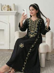 Sparklyn Đầm dự tiệc thanh lịch in hoa tay cánh dơi dành cho bé gái tuổi teen - màu đen - Xem 1