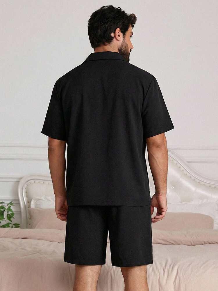Men's Solid Color Shirt And Loungewear Set, Summer