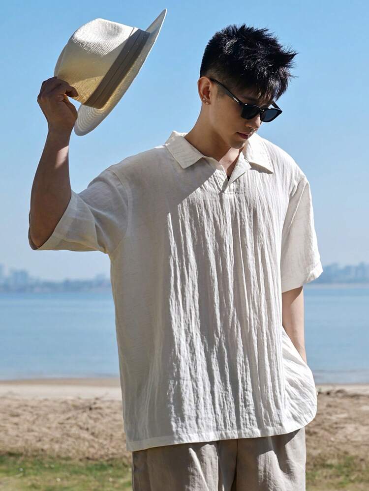 Men's Casual Versatile White Short Sleeve Shirt, Summer