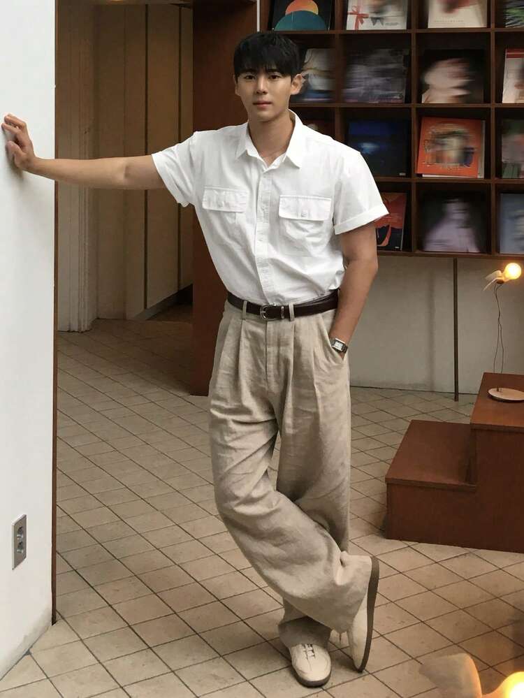 Men's Solid White Pocket Casual Shirt, Summer
