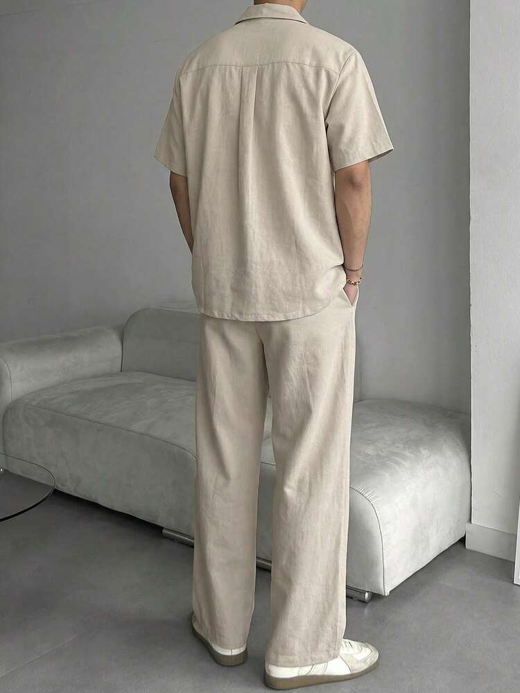 Men's Solid Color Linen-Feel Fabric Shirt Set, Spring/Summer